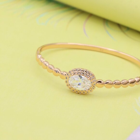 Rose Gold Bangle with Oval Center Stone and Beaded Design, XPBL0453 - Picture 2 of 11